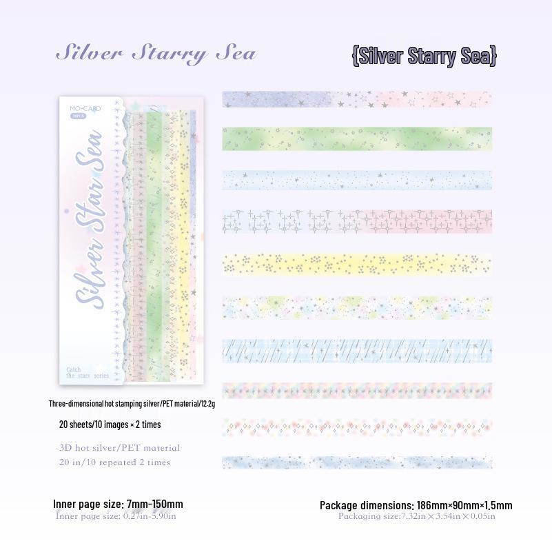 MòMò PET Dreamy Star Series: 3D Silver Hot Stamping Journal Sticker Strips for Collage