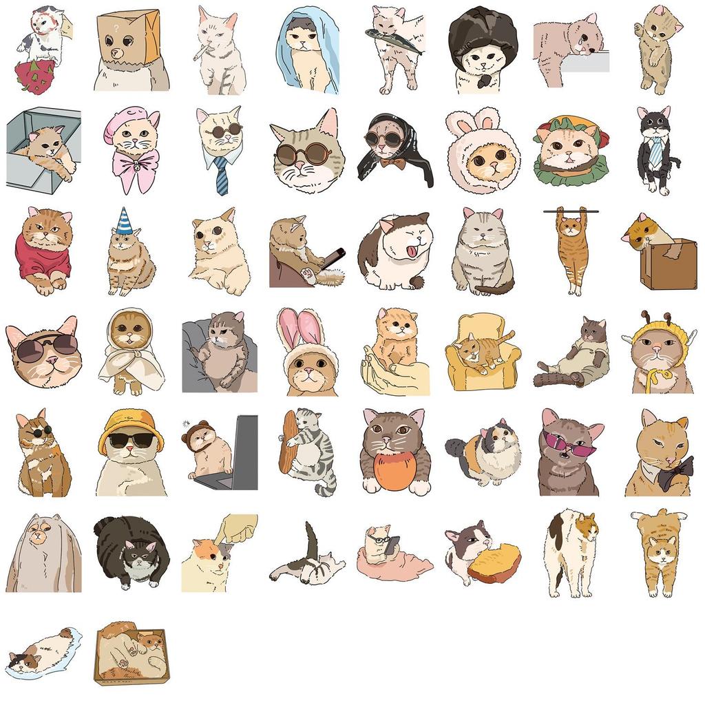 50 Cartoon Cat Emoji Stickers - Cute, Waterproof, Self-Adhesive for Scrapbooks & Phone Cases