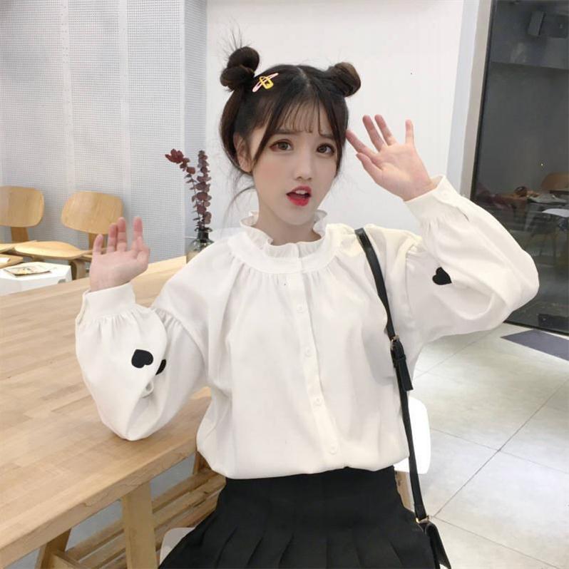 

Рубашка с длинным рукавом с вышивкой Love, женская, с полувысоким воротом, одним рядом пуговиц, рукав-фонарик XL белый