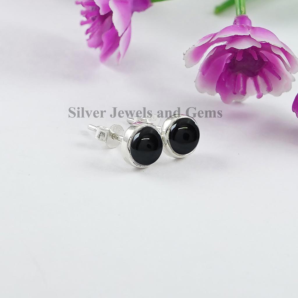 Round Black Onyx Stud Earrings, 925 Sterling Silver Studs, Tiny Onyx Studs, Anniversary Gift, December Birthstone, Handmade Studs