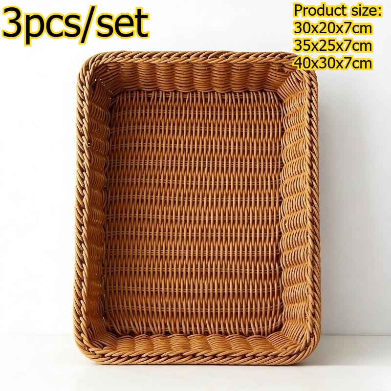 

3pcs/set Faux Rattan Fruit Display Basket Handwoven Basket Bread Container Snack Storage Basket Kitchen Organizer Basket