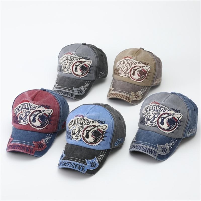Water Scrubbing Jeans Baseball Cap With Embroidered Shark Design Adjustable Hat Circumference For Men And Women
