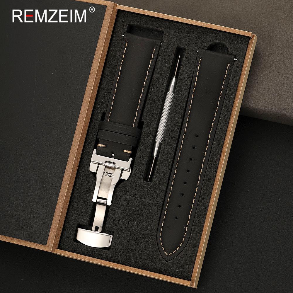 

Vintage Men Crazy Horse Leather Watch Band 18mm 20mm 22mm Quick Release Butterfly Clasp with Gift Box Replacement Watch Strap 18mm чёрный