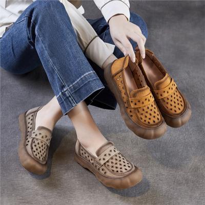 Soft Soled Slip-on Genuine Leather Loafers Comfortable Hollow-out Breathable Women's Flat Shoes