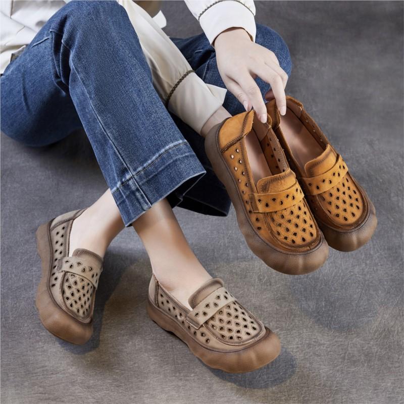 Johnature Soft Soled Slip-on Genuine Leather Loafers Comfortable Hollow-out Breathable Women's Flat Shoes