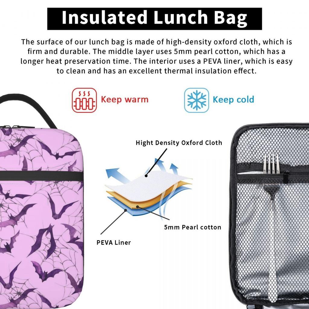 Gradient Purple Bat Pattern Insulated Lunch Bag for Kids School Cooler Thermal Food Box Tote Leakproof Lunch Boxes Container