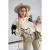 Women Loose Knit Long Sleeve Heart Jacquard Crew Neck Sweater