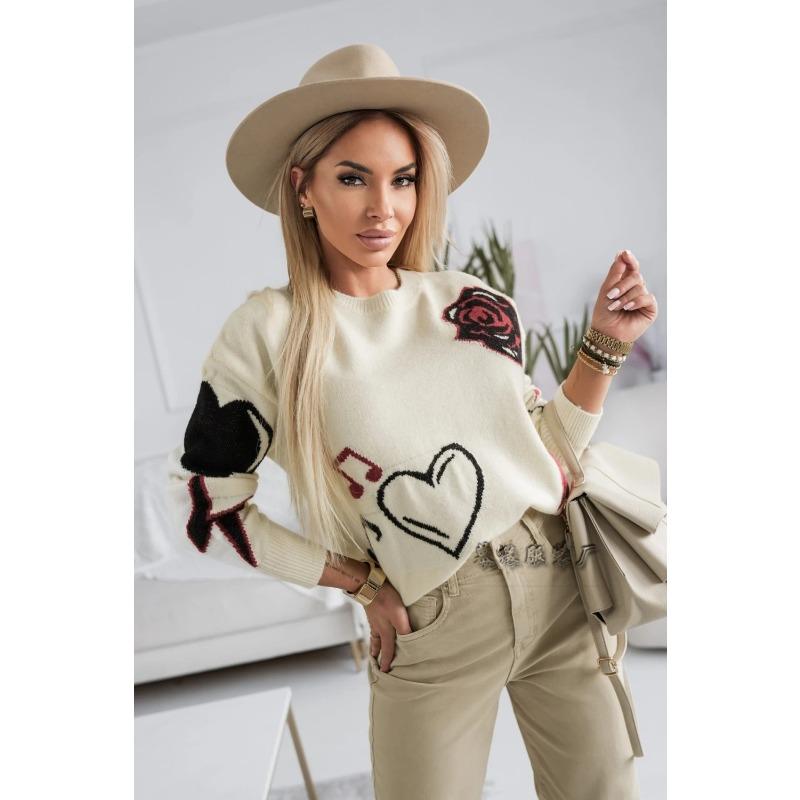 Women Loose Knit Long Sleeve Heart Jacquard Crew Neck Sweater