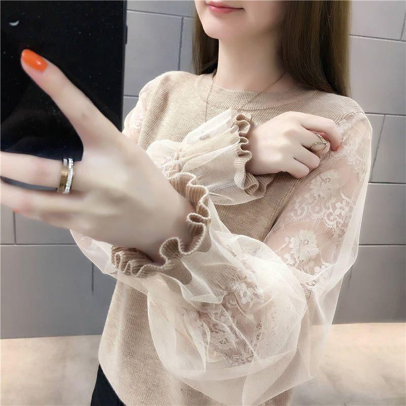 

Fake Two Pieces Sweaters Lace Sleeve Knitwear Women s Spring and Autumn High School Junior High School Student Loose Inner Bottoming Shirt Tops Khaki M((45.00 kg-50.00 kg)