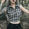 Women Check Waistcoat Punk Vest Tank Crop Top Chain Gothic Sleeveless Shirt