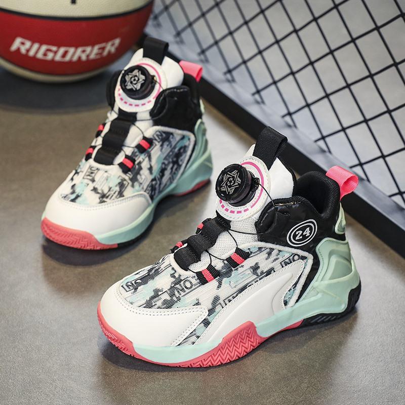 Breathable Mesh Children's Basketball Shoes Boys 2025 Summer New Girls Non-slip Rotating Button Sports Shoes Foreign Trade