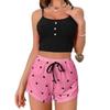 European Women's Heart Print Ribbed Knit Pajama Set - Stylish & Sexy