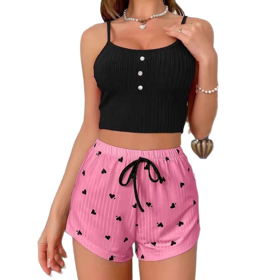 European Women's Heart Print Ribbed Knit Pajama Set - Stylish & Sexy
