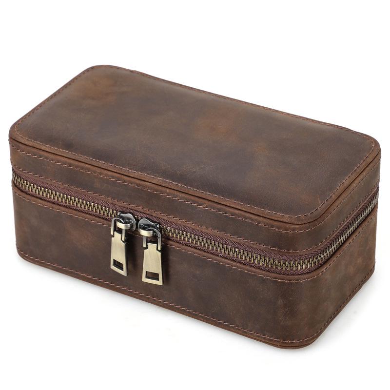 

Vintage Crazy Horse Leather Watch and Jewelry Travel Box - Genuine Three-Piece Storage, Portable Ornament Gift Case. кавовий