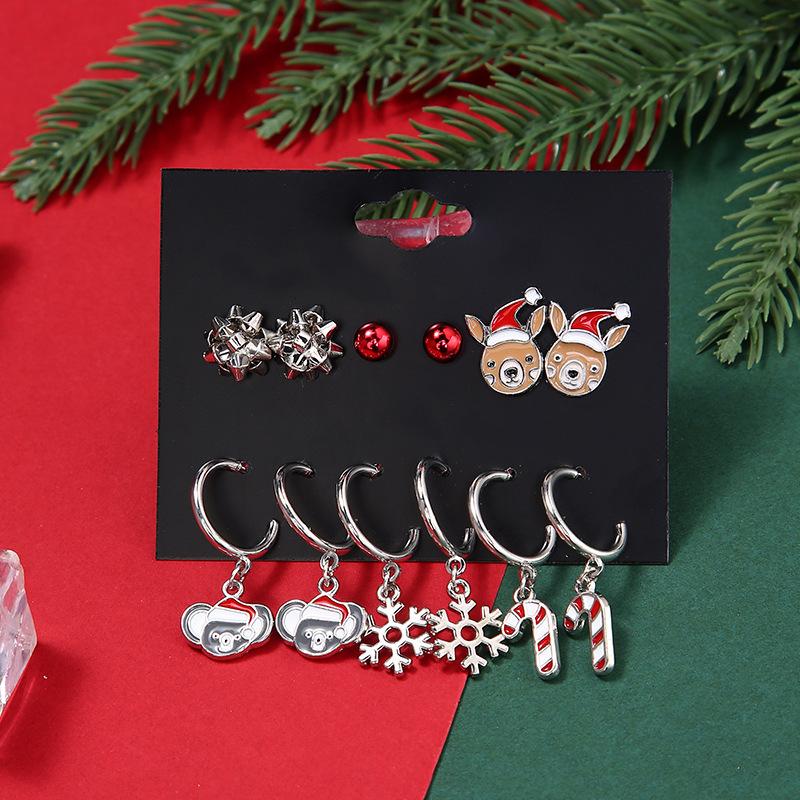 Christmas stud earrings combination new cartoon holiday alloy dripping elk old man bell earrings set