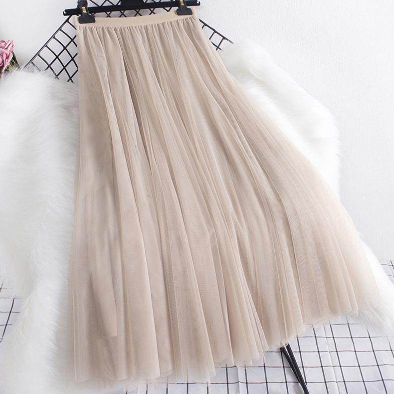 Fusta elegantă din tifon pentru femeie, primăvară, toamnă, subțire, lungime mijlocie, talie înaltă, cusături cu mai multe straturi, dimensiune mare, umbrelă în formă de A, fustă pentru femei