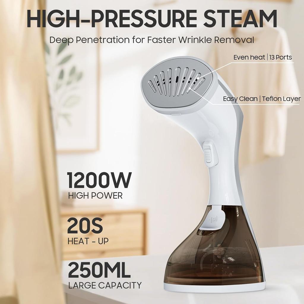 Steamer for Clothes, 20S Heat-up,1200W, 250ml,13-Vent Design for Strong Steaming, 2-in-1 Steamer & Iron, Handheld for All Fabrics, Garment Wrinkle