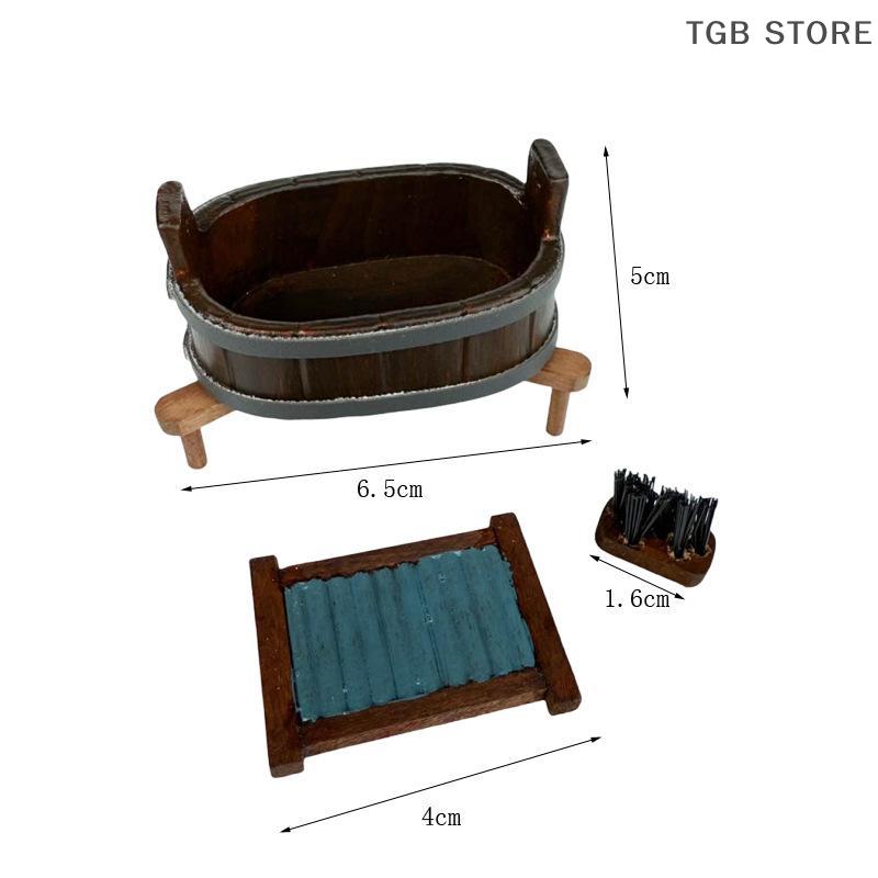 3Pcs/Set 1:12 Dollhouse Miniature Wooden Barrel Washboard Brush Laundry Scene Micro Landscape Ornaments Pretend Play Toys