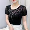 New Summer Women's T-shirt Sexy Skew Collar Shiny Diamonds Tees Fashion Female Short Sleeves Slim Mesh Tops Blouse
