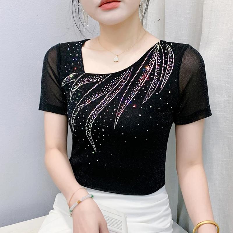 New Summer Women's T-shirt Sexy Skew Collar Shiny Diamonds Tees Fashion Female Short Sleeves Slim Mesh Tops Blouse