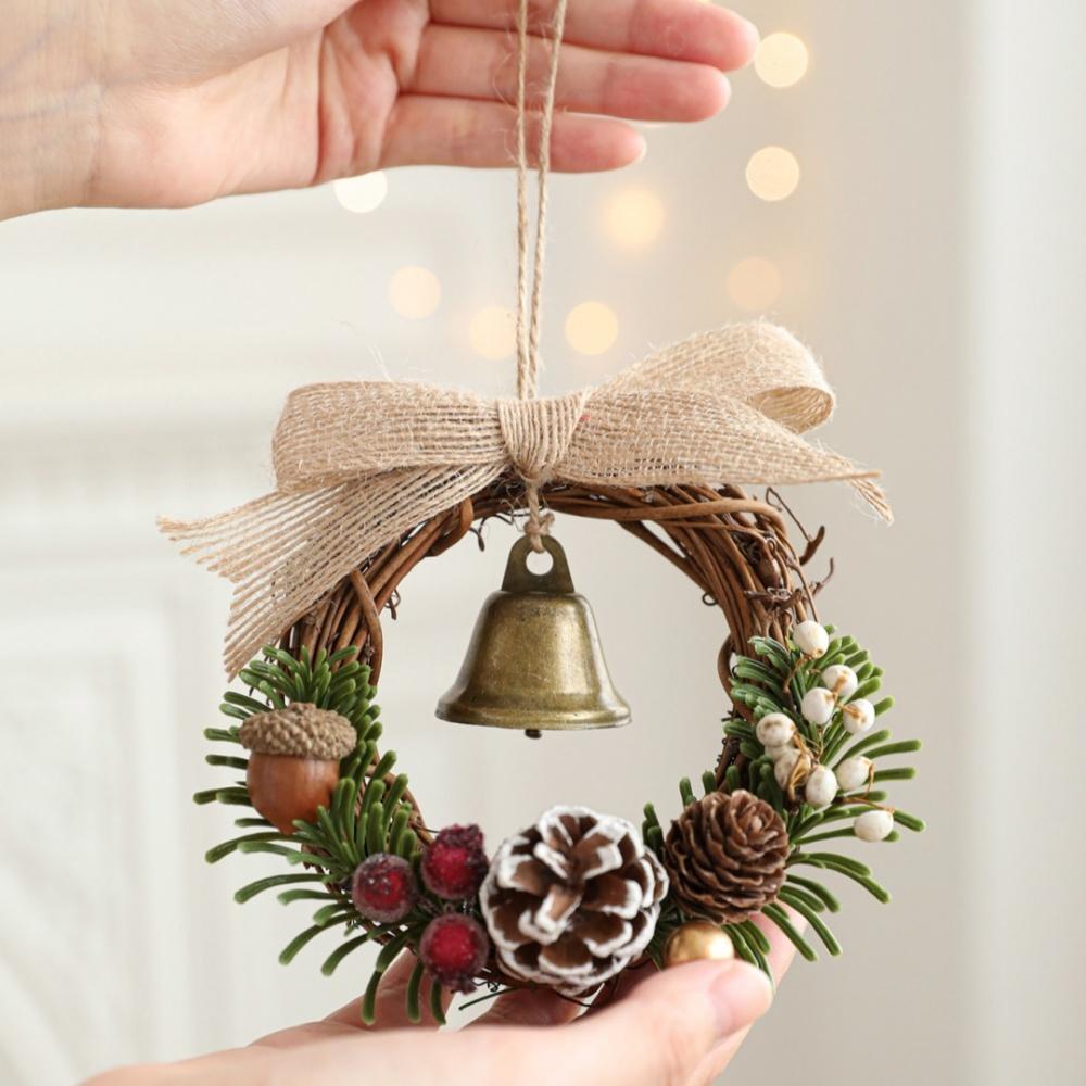 Red Christmas Velvet Bow Bell Wreath Green Christmas Chime Bell Festive Metal Pine Cone Bell Pendant Christmas Tree Decorations