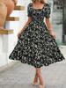 Floral Square Collar Ruched Waist Bubble Sleeve Layered Dress Sweet Style Dress