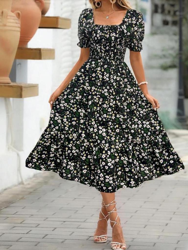 Floral Square Collar Ruched Waist Bubble Sleeve Layered Dress Sweet Style Dress