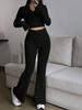 Womens 2 Piece Outfit Short Top Zipper Jacket High Waist Wide Leg Pants Set