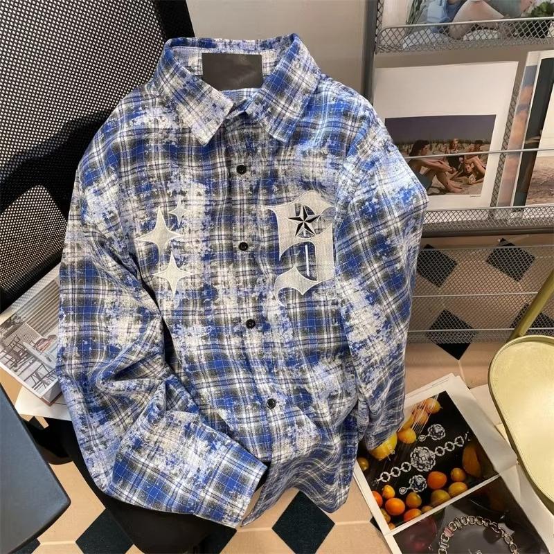 

Мужская рубашка в клетку с колор-блокингом, однобортная, с вышивкой на лацканах, американская повседневная, свободный топ с длинным рукавом M синий