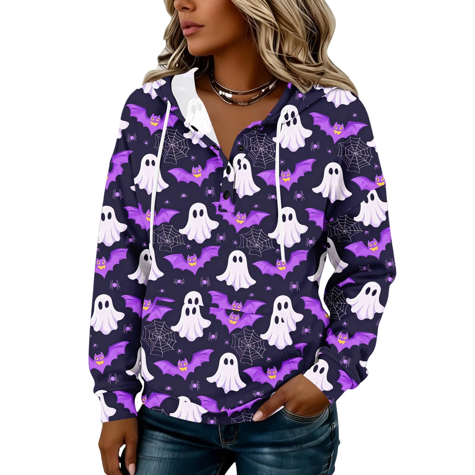 Women s Fashion Hooded Button Front Halloween Print Sweatshirt M