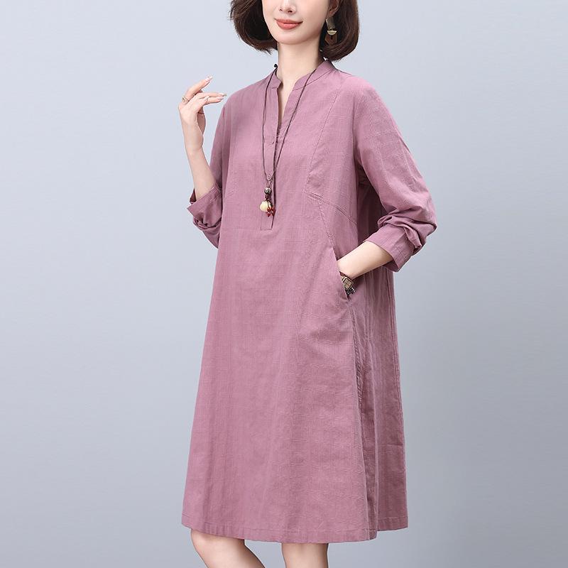 2024 Casual Loose-Fit Pure Cotton Dress for Middle-Aged Women: Long-Sleeved, Belly-Covering, Age-Reducing for Spring and Autumn