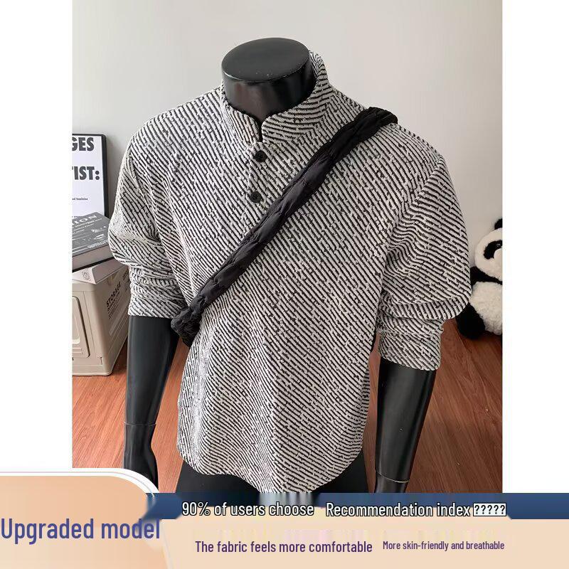 Men s American Style Jacquard Henley Long Sleeve Polo Shirt - Autumn/Winter Trend Triple Extra Large