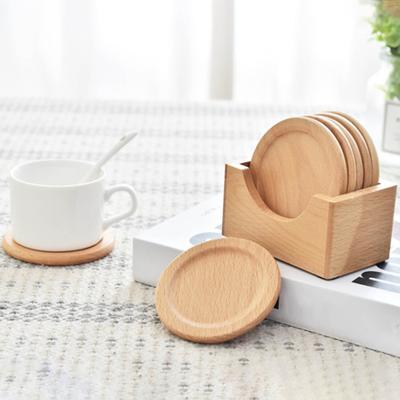 7Pcs/Set Wooden Coaster with Storage Box Japanese Style Natural Wood Heat-resistant Non-slip Countertop Round Drink Coffee Tea Cup Holder Kitchen