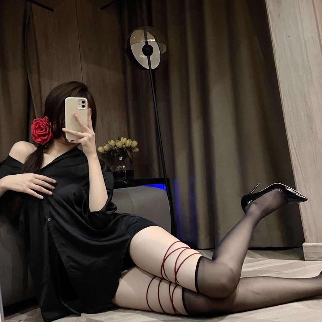 Cross Strap Over Knee Socks Red Edge Black Silk Pure Desire Jk Sexy White Silk Thigh Socks Stockings Women'S Thin