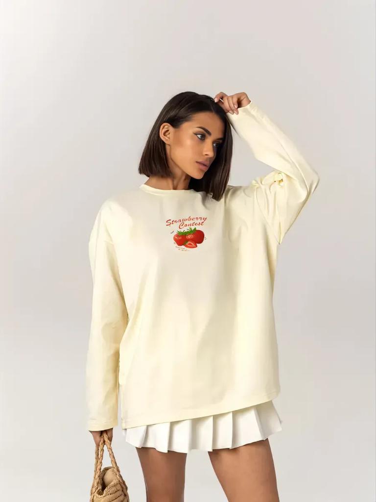 100% pure cotton autumn American new girl's heart fun age reduction strawberry print versatile top women
