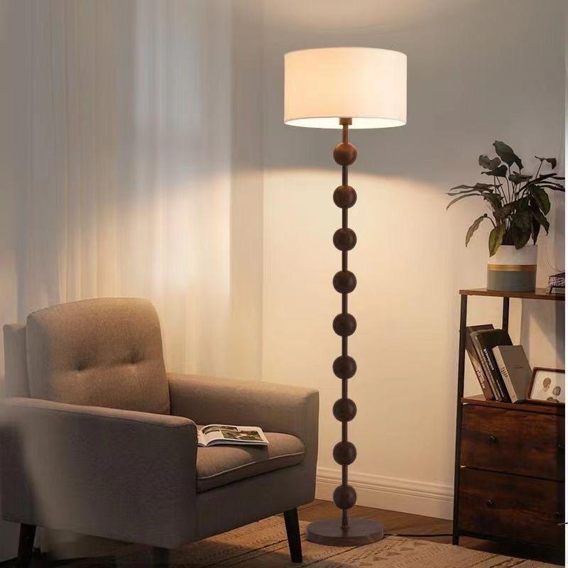 Mid-Century American Retro Floor Lamp with Walnut Finish and Fabric Shade