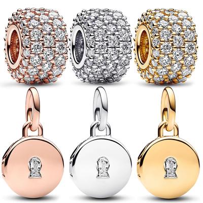 Genuine Copper Tri-Color Sparkling Pavé Round Charm Padlock And Key Dangle Charm Fit Original Bracelet Fine Jewelry