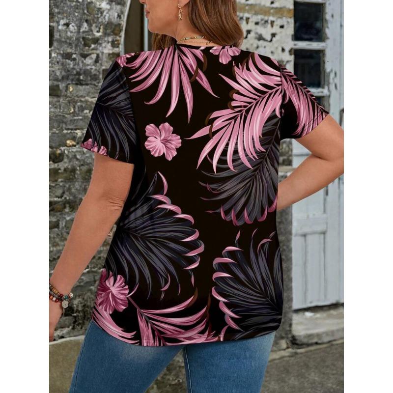 DAFIFY Damenmode Casual Sommer Frühling Blumenmuster Druck Kurzarm V-Ausschnitt Blusen & Hemden