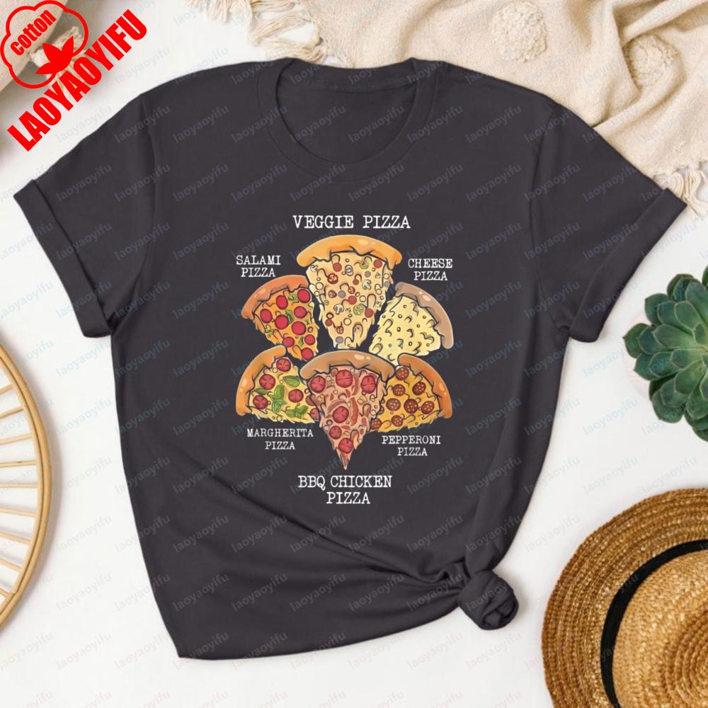 Funny Pizza Flavors Tshirt Six Pizza Types Graphic Casual Cotton Tee Daily Wear Pizza Lover Vintage Fashion Streetwear for Women