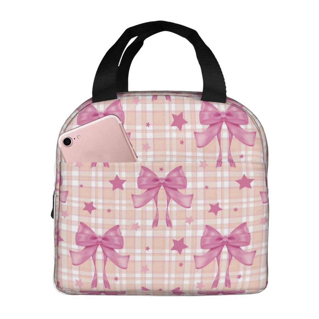 Pink Plaid, Bows And Stars Insulated Lunch Bag for Women Office Cooler Thermal Food Box Tote Portable Lunch Boxes Container