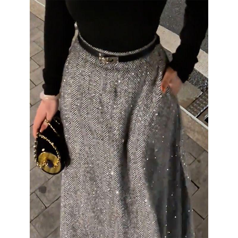 Gray High-Waisted Wool Blend Midi Skirt with Highlight Pocket Print for Women