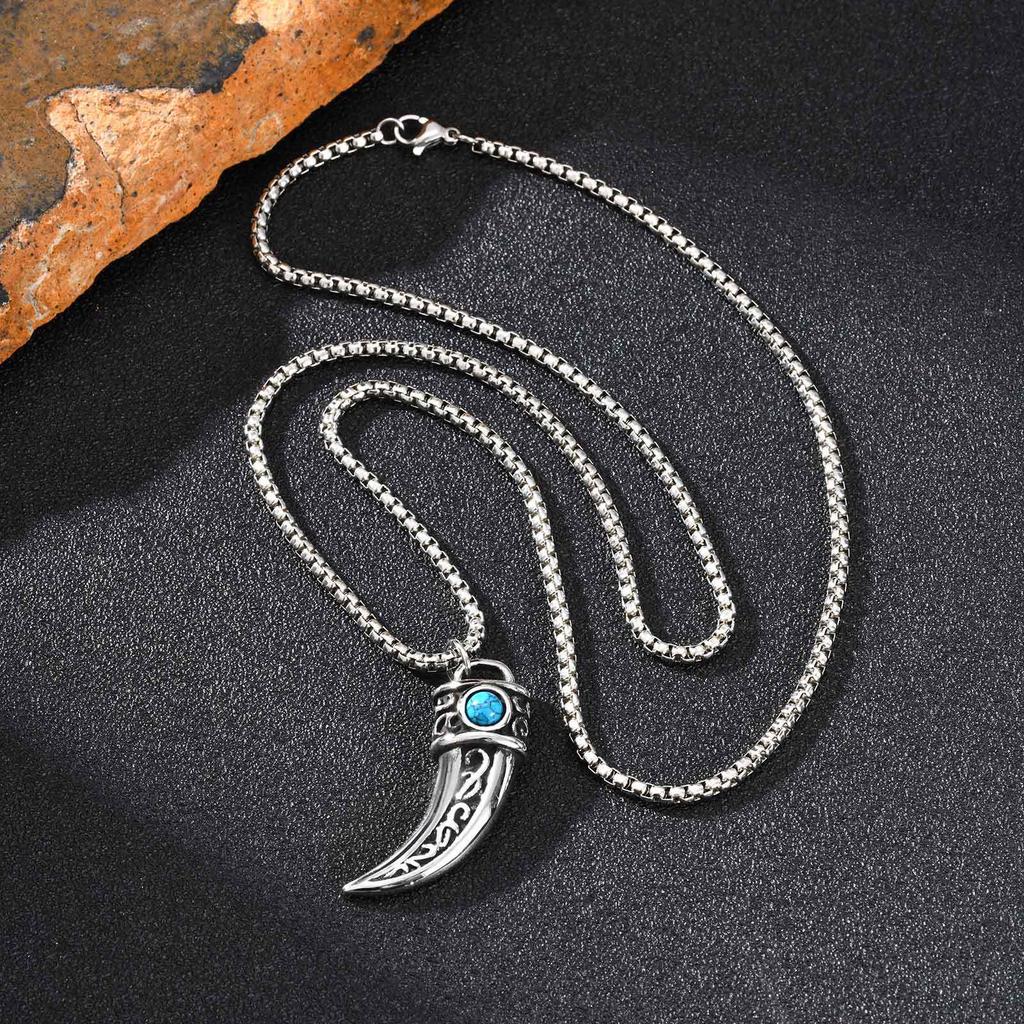 Stainless Steel Men's Retro Cross Pendant Necklace with Turquoise Horn - Steel Color PN-2233.