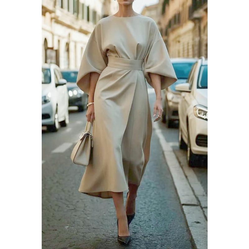 IHUASU Women's Fashion Summer Spring Solid Color Print 3/4 Sleeve O-Neck Casual Dresses