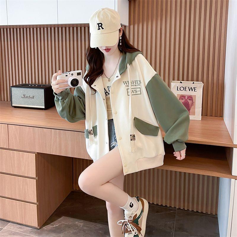 Damen Casual Neu Lockerer Cardigan Sweatshirt mit Samt und Verdickter Kapuzenjacke Locker Kontrastierend Baseball