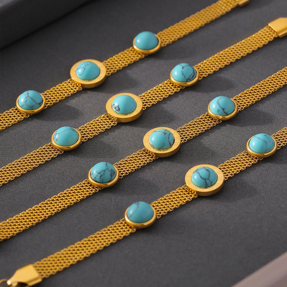 18K Gold Plated European-Style Turquoise Mesh Bracelet with Retro Design