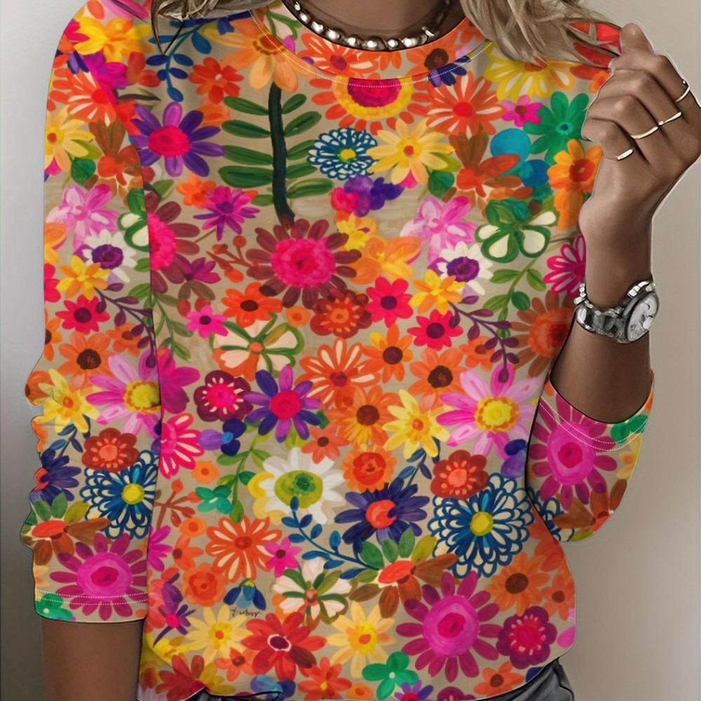 Women's Elegant Special Multicolor Floral Print Long Sleeve T-Shirt Round Neck Blouse with Vibrant Flower Pattern Spring