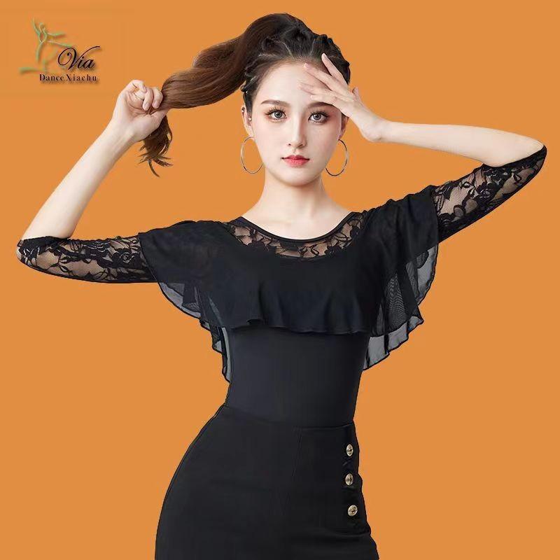 Womens Latin Dance Top With 3/4 Sleeves Round Neck Practice Wear Ballroom Dancing Fall Winter