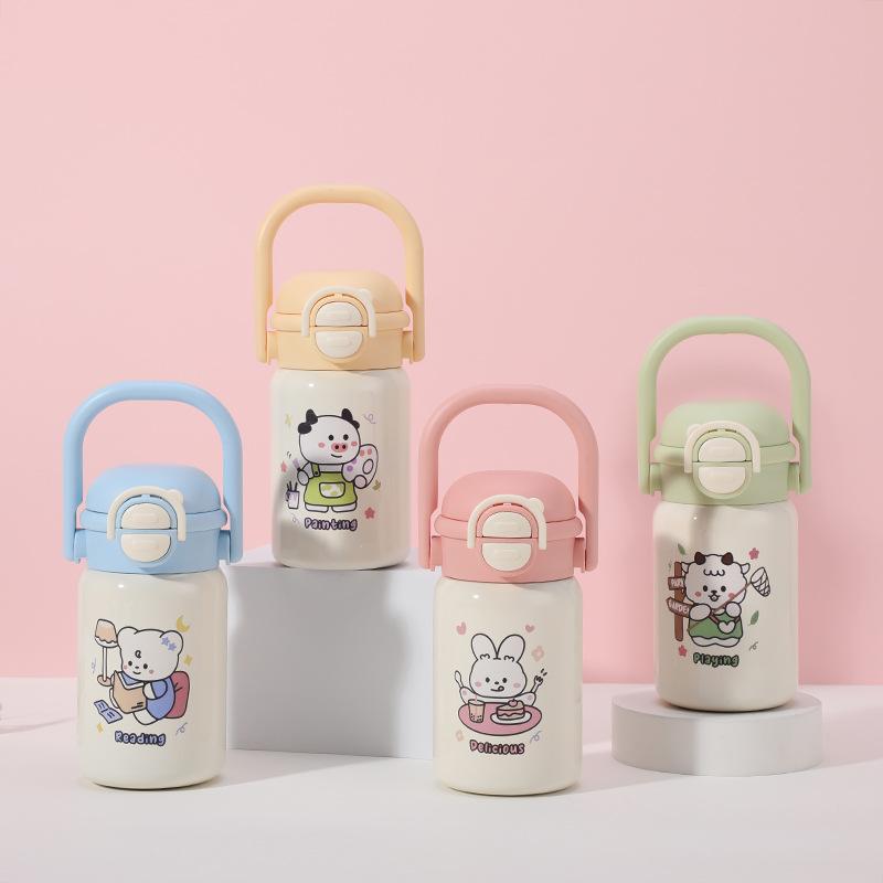 Water bottle Children's portable thermal insulation card cup Stainless steel one-button elastic cover Student straw water cup