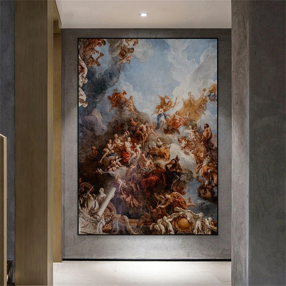 Vintage Renaissance Art Poster Gold and Blue Floral People Inside Temple Prints Canvas Painting for Home Living Room Decoration