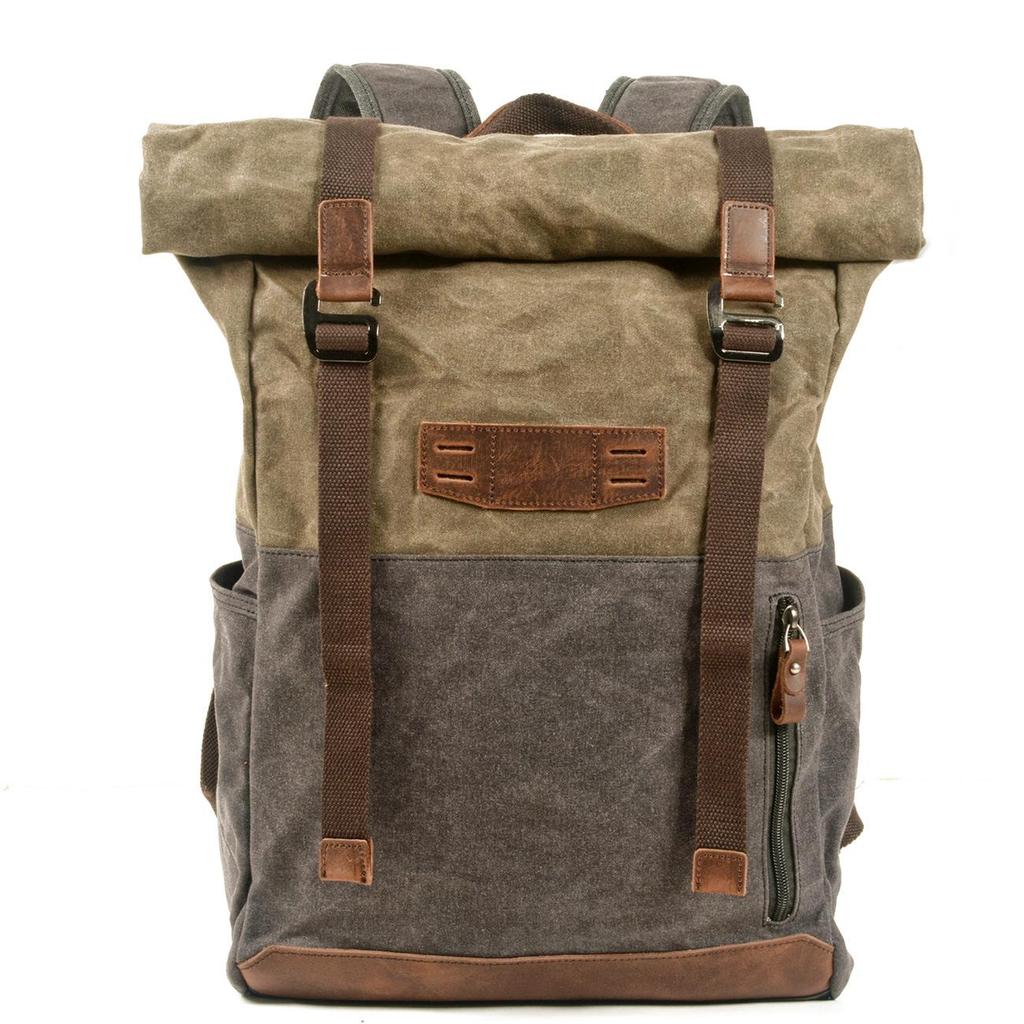 Retro European & American Color Block Canvas Backpack - Oil Wax Finish for Outdoor Hiking, Travel, Mountaineering, School, or Students